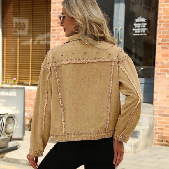 Khaki Tan Denim Studded Jacket Distressed Western Embellished Jean Trucker Jacke - Picture 3 of 9